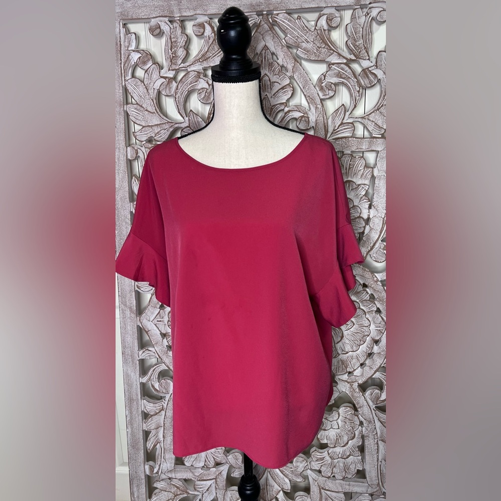 EUC Banana Republic Cranberry Red Blouse with Ruffle Sleeves Sz XL